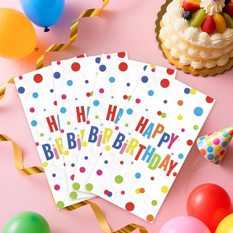 Grencian 100 Pcs Happy Birthday Paper Napkins 3 Ply Colorful Dots Birthday Hand Towels Disposable Absorbent Colorful Polka Dot Guest Napkins for Christmas Adults Kids Birthday Cocktail Picnic Party Supplies - Image 5